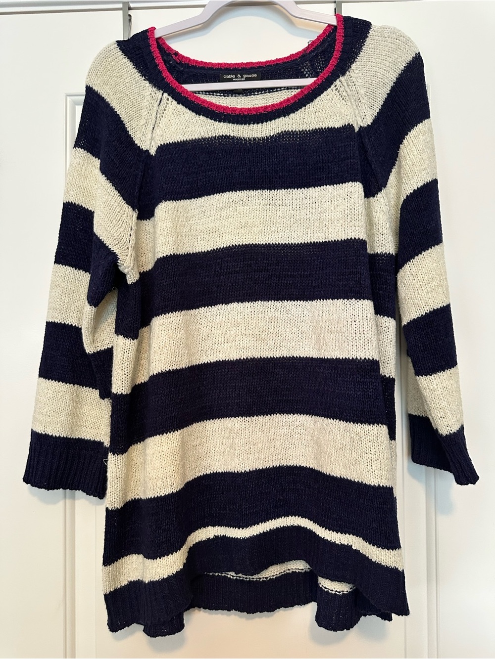Cable & Gauge Navy, Cream & Hot Pink Trim Striped Scoop Neck Sweater